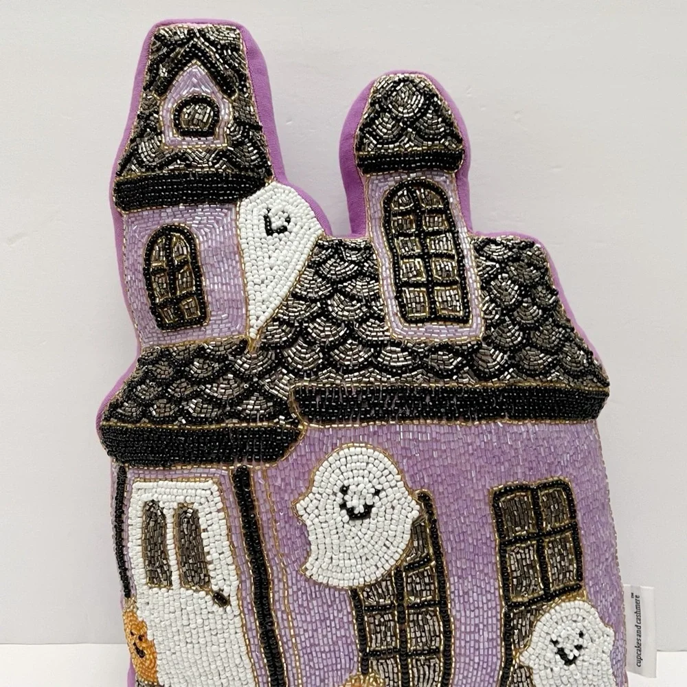 Cupcakes & Cashmere Purple Beaded Halloween Ghost Haunted House Pillow